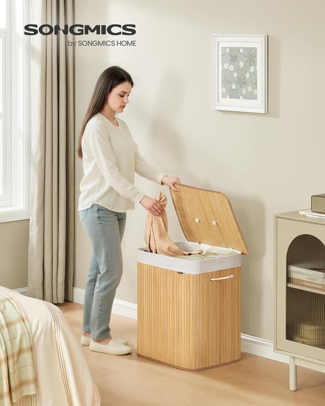 Detalle de SONGMICS LCB014Y01 Cesta portabiancheria in bambù con coperchio, 2 scomparti e sacco lavabile da 120 L