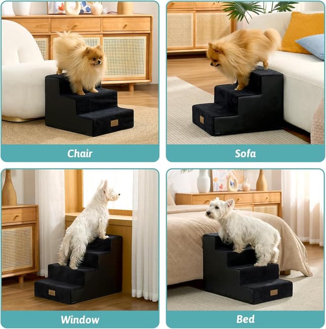 Detalle de COZY KISS wide dog stairs for small dogs – non-slip pet steps for beds, sofas and car (Black, 40x60x45cm, 4 steps)