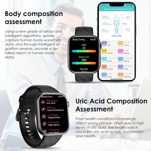 Detalle de 2026 Smart Watch with Blood Pressure, ECG, BMI & HRV — 1.97” AMOLED Health Watch with Bluetooth Calling