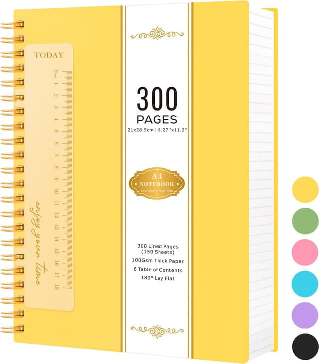 Detalle de NIRMIRO A4 Lined Notebook Notepad with Spiral Binding, 300 Pages (150 Sheets), 100GSM Paper, Yellow
