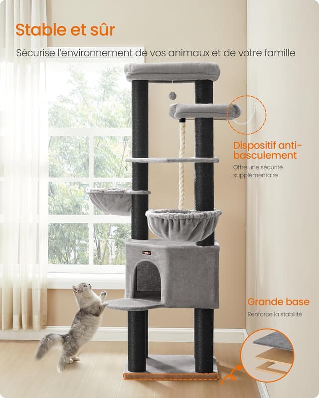 Detalle 2 de Feandrea Grand Arbre à Chat à 5 niveaux XXL PCT008G02 (tour de jeux en sisal)