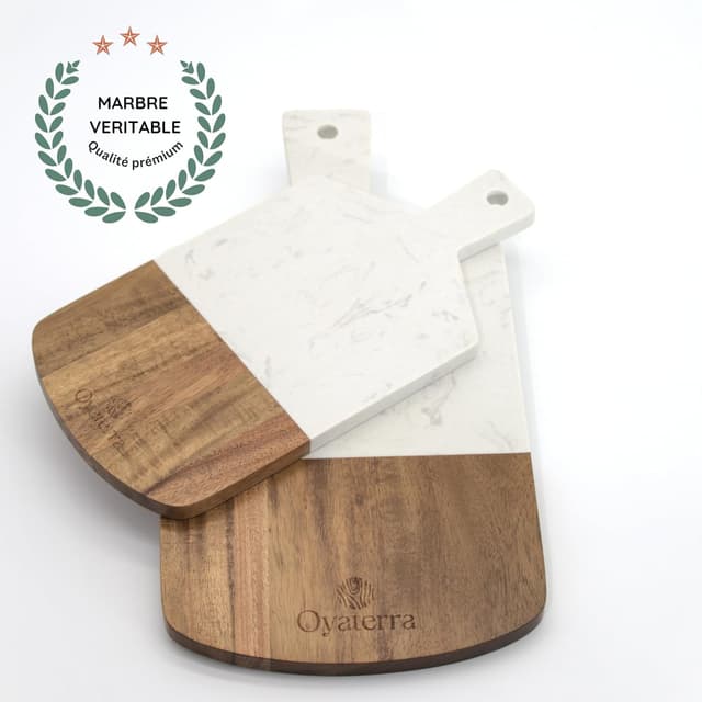 Detalle 2 de Ensemble OYATERRA® de 2 planches apéritif bois & marbre (acacia FSC) pour plateau fromage, charcuterie et service