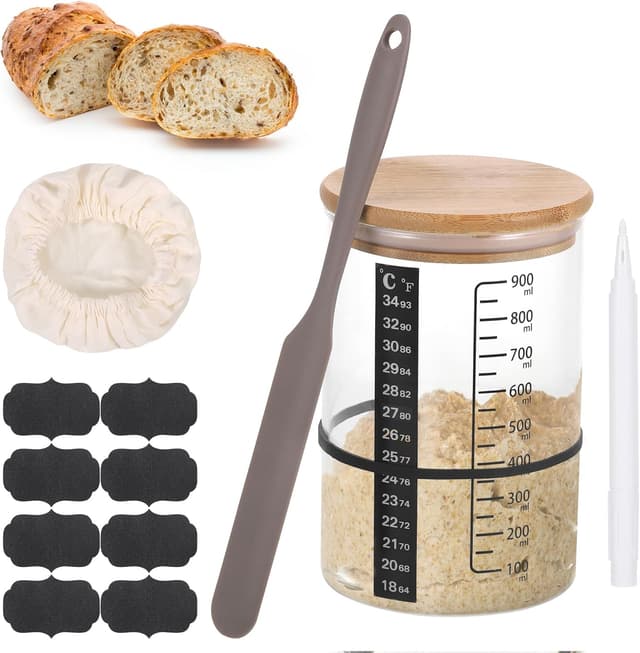 Detalle de MICHIHOMIE Sauerteig Starter Gärglas-Set mit 900 ml Glas, Thermometerpapier & Holzdeckel