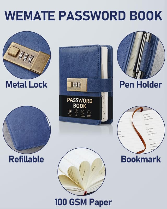 Thumbnail 6 de WEMATE Passwortbuch mit Schloss und alphabetischen Registerkarten (600+ Passworteinträge)