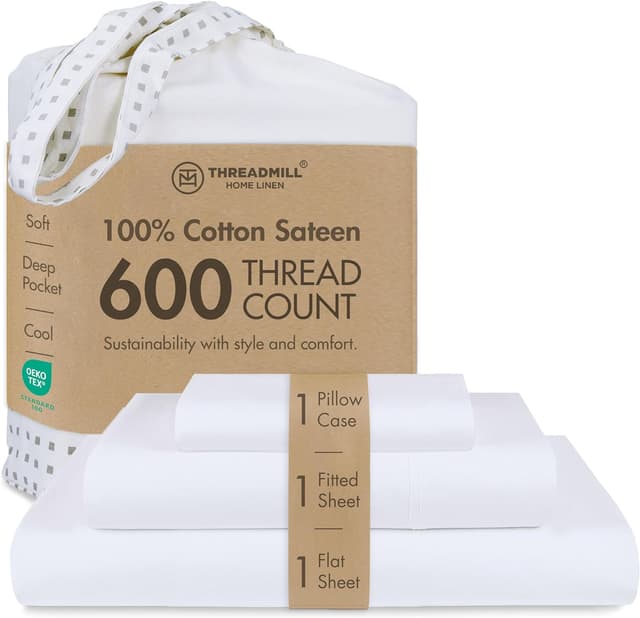 Detalle de Threadmill Home Linen 600 Thread Count Twin XL 100% Cotton Sateen Sheet Set (15” Deep Pocket, Cooling Effect) — White