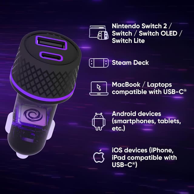 Detalle 2 de Oniverse Zigarettenanzünderadapter 60W mit Doppel-USB-C & USB-A – Auto-Ladegerät für Switch, OLED, Lite, PC & Android/iOS