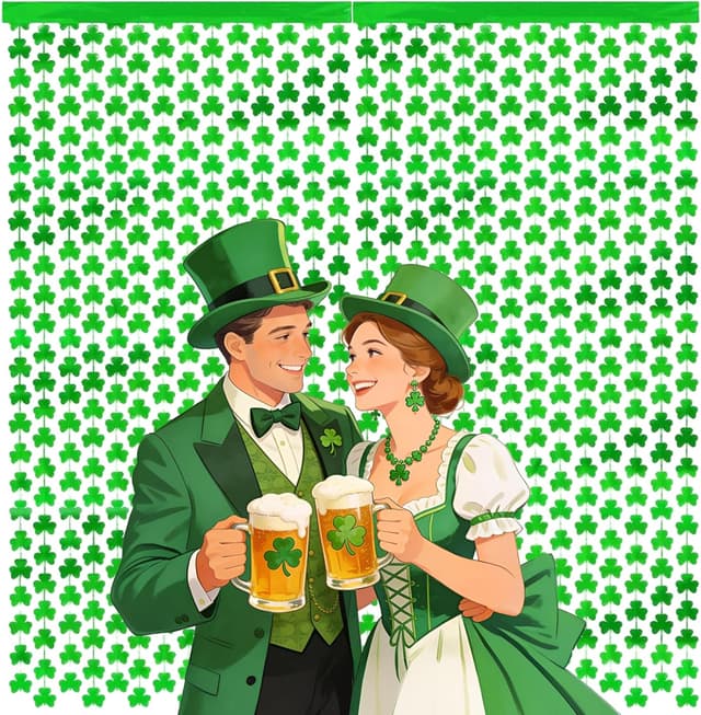 Detalle de Vsosfiza 2-Pack St. Patrick’s Day Clover Streamer Curtains (Green Shamrock) for Party, Photo Booth & Classroom