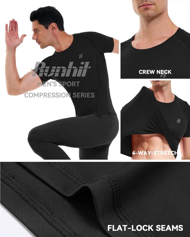 Detalle de Runhit Men’s Compression Short Sleeve Shirt (1/3 Pack) Quick-Dry Base Layer