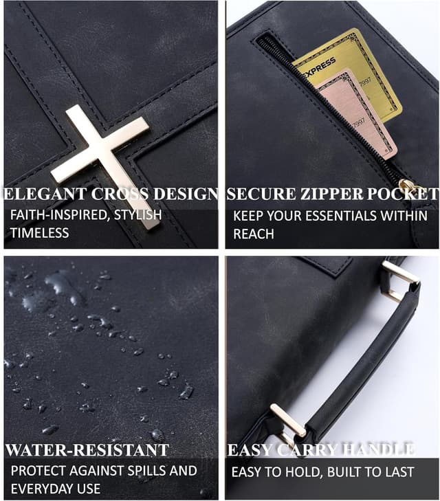 Detalle 2 de Vegan Leather Bible Cover Case with Phone Pocket (Large) – Black Cross Design