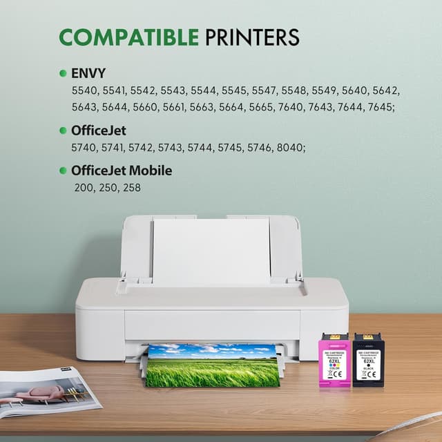 Detalle de BKBKC Compatible 62XL Ink Cartridge 2-Pack (Black + Tri-Color) for HP Envy & OfficeJet Printers