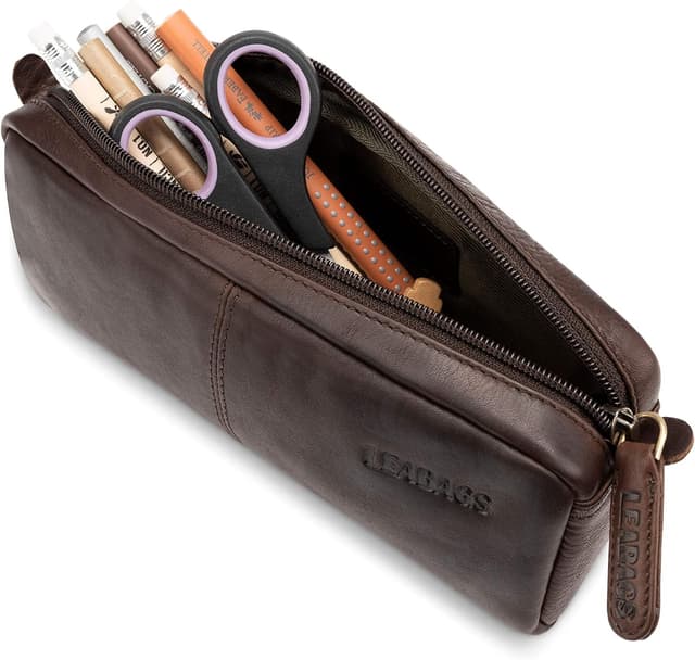 Detalle de LEABAGS Leder Federmäppchen „Indiana Tech“ (groß, Echtleder) in Mocca