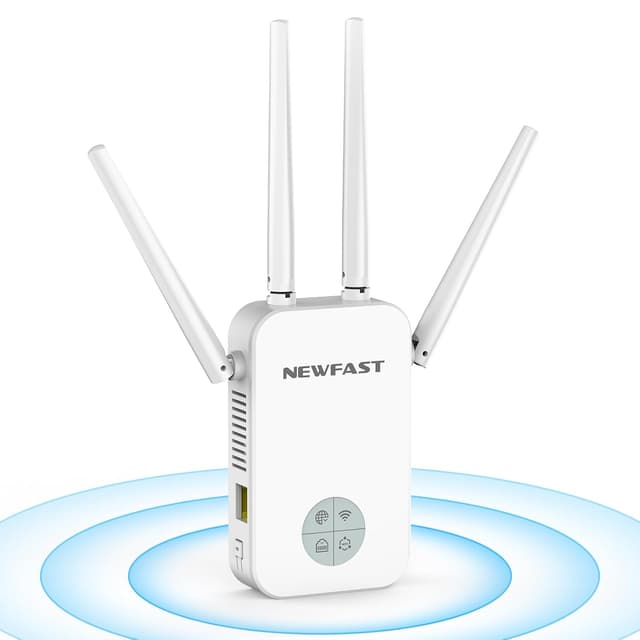 Detalle de NEWFAST WLAN Repeater 1200 Mbit/s Dualband – WiFi-Extender mit 4 drehbaren Antennen, Ethernet-Port & MU-MIMO
