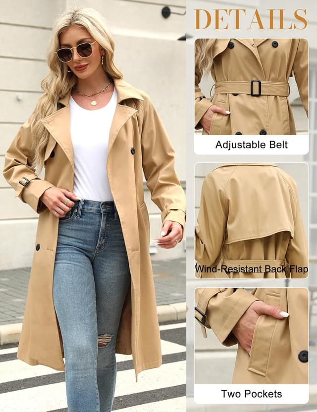 Detalle de Tuopuda Damen-Lang-Trenchcoat Zweireiher aus Baumwolle mit Gürtel – Übergangsjacke Schwarz, S