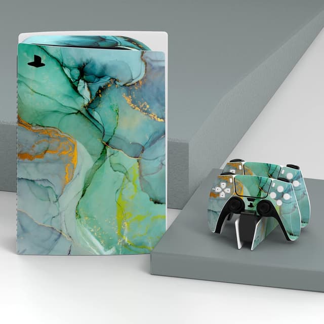Detalle 2 de playvital Turquoise Marble Effect Full Set Skin Decal for PS5 Disc Edition (console, controller & accessories)