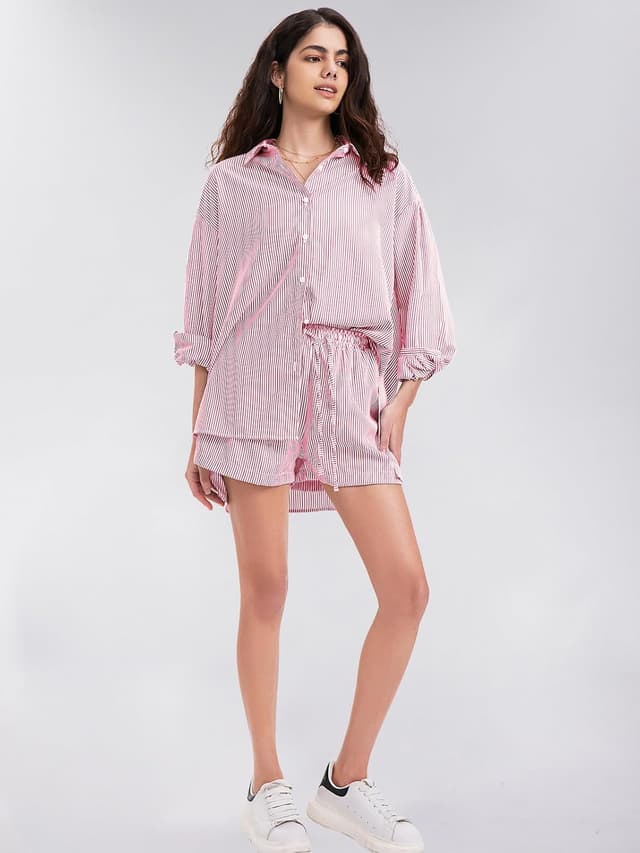 Detalle de EXLURA Women’s Cotton Summer 2-Piece Long Sleeve Button-Down & Shorts Set