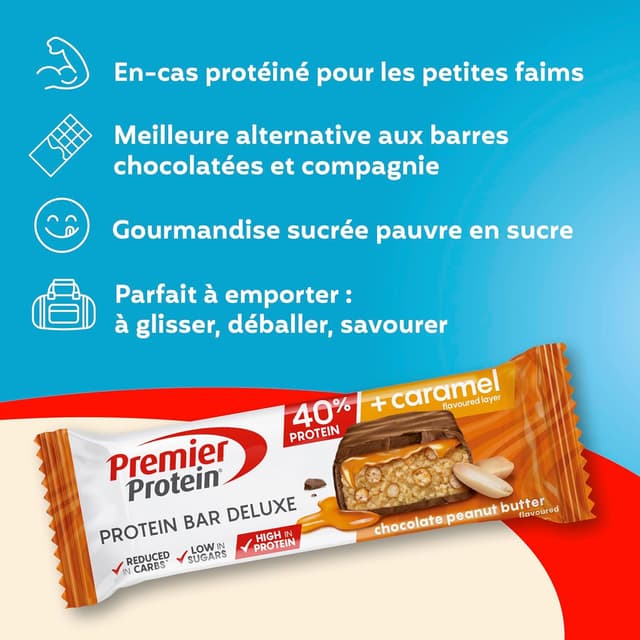 Detalle de Premier Protein Protein Bar Deluxe 40% Chocolat Cacahuète – lot de 12 (50 g) : faible en sucres, 20 g de protéines