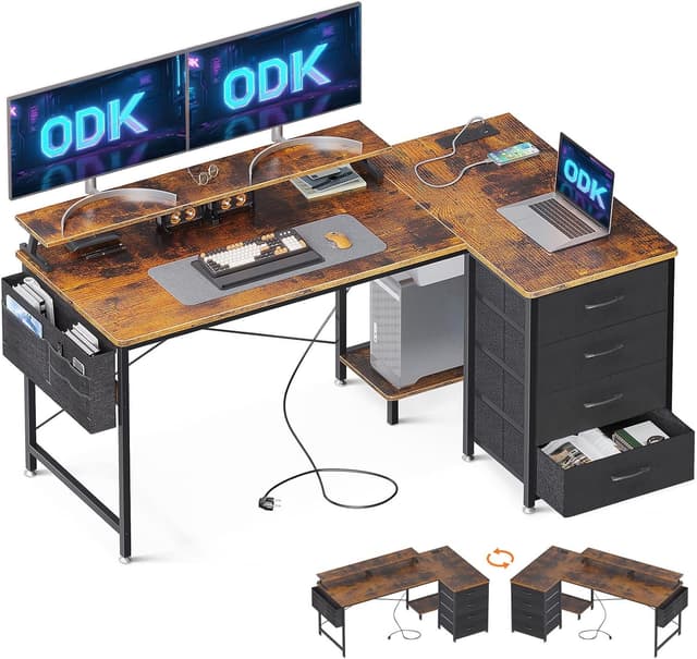 Detalle de ODK Corner Desk with Drawers (L-Shaped) 140x80cm, USB Charging Ports & Power Outlets, Rustic Brown