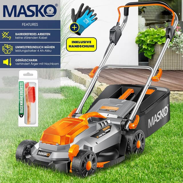 Detalle de MASKO® Akku-Rasenmäher mit Mulchfunktion (36V) inkl. 4 Ah Akku, Ladegerät und 33 cm Rasentrimmer