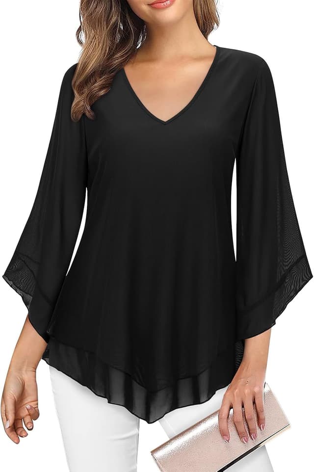 Detalle de Gemulate Ruffle 3/4 Sleeve Chiffon Mesh Tunic Top for Women (V-neck, double-layer)
