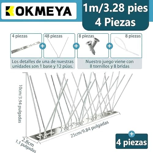 Detalle de KOKMEYA Pinchos antipalomas de acero inoxidable 304 (1 m, 4 piezas de 25 cm) con tornillos y bridas para balcón, canalón y tejado