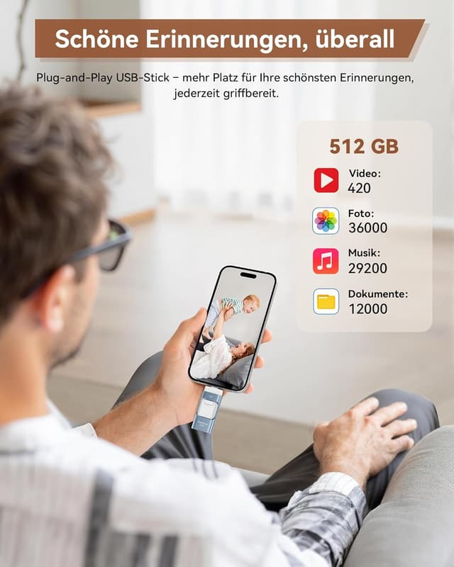 Detalle de ZARMST 512 GB USB-Stick für iPhone, Android, PC & Tablets (4-in-1, USB 3.0, USB-C/microUSB/Lightning-ähnliche Nutzung) – Blau