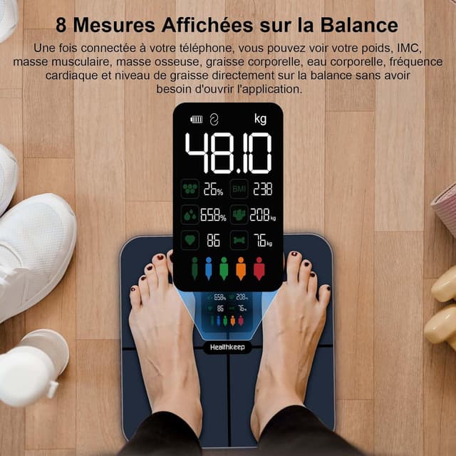 Detalle de Balance connectée Healthkeep Balance Connectée avec impédancemètre, grand écran VA et mesure de la fréquence cardiaque (jusqu’à 180 kg) – Bleu marine