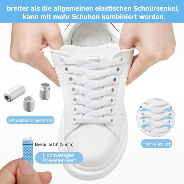 Detalle de Puzeam 2 Paar elastische Schnürsenkel (flach) mit Metallkapsel – Gummi-Schnürsenkel ohne Binden für Kinder & Erwachsene