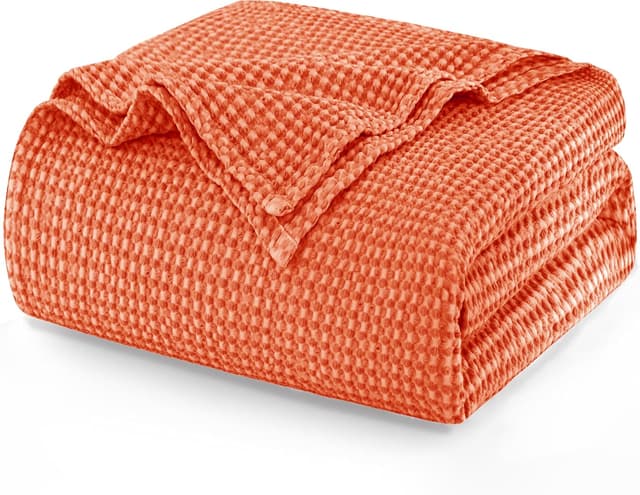Detalle de Talasily 100% Cotton Waffle Blanket Throw (150 x 200cm) – Orange-red