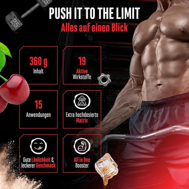 Detalle de Push it to the Limit Pre Workout mit L-Arginin, Citrullin & Koffein – Hochdosiert, 360 g (Cherry Kiwi) – 15 Anwendungen