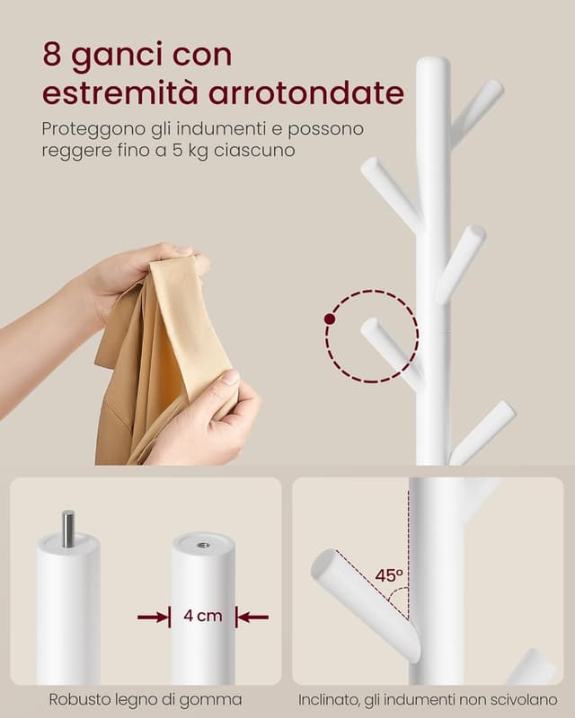Detalle de VASAGLE Attaccapanni da terra RCR009WH01 in legno con 8 ganci e palo stabile, bianco nuvola