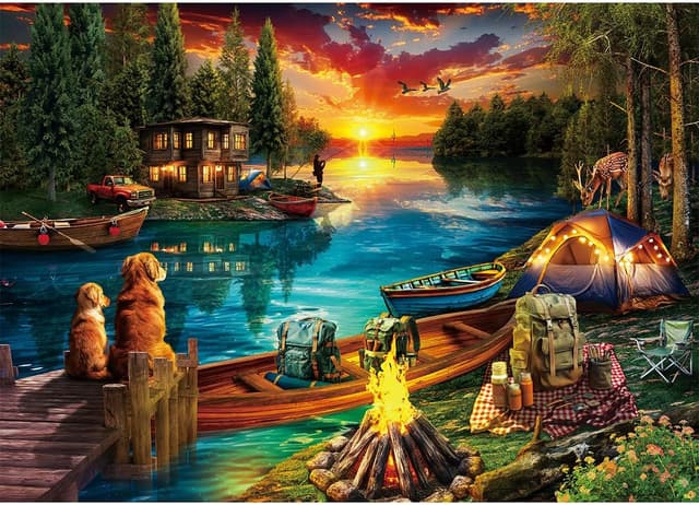Detalle de HUADADA 1000-Piece Jigsaw Puzzle for Adults – Wilderness Lakeside Camping Scene