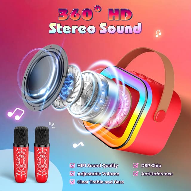 Detalle de Braxel Karaoke Machine with 2 Wireless Microphones (Spider-themed) for Kids