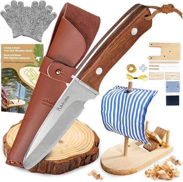 Detalle de Kibbidea Schnitzmesser für Kinder (ab 8 Jahren) – Edelstahl, sicheres Taschenmesser-Set mit Lindenholz & Zubehör