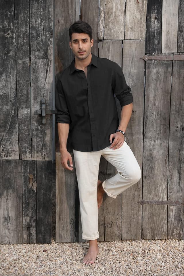 Detalle de Runcati Herren Langarm-Leinenhemd mit Umlegekragen – Business- & Freizeithemd für Sommer