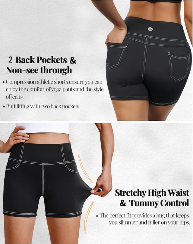 Detalle de VOOVEEYA 5”/8” High-Waisted Yoga Biker Shorts with Pockets for Women