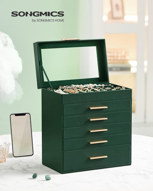 Detalle de SONGMICS Schmuckkästchen JBC171C01 mit 6 Ebenen, Glasdeckel und 5 Schubladen (waldgrün-golden)