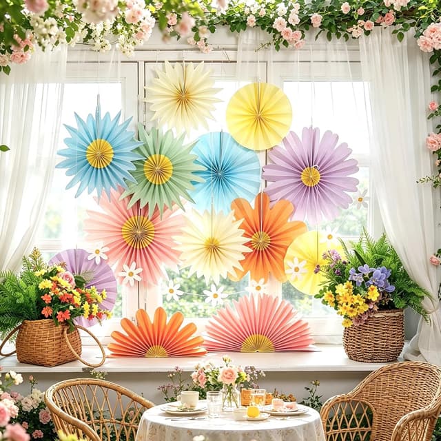 Detalle 2 de SUNBEAUTY 14 Papier-Fächer Deko-Set mit Blumen-Girlande in zarten Pastelltönen