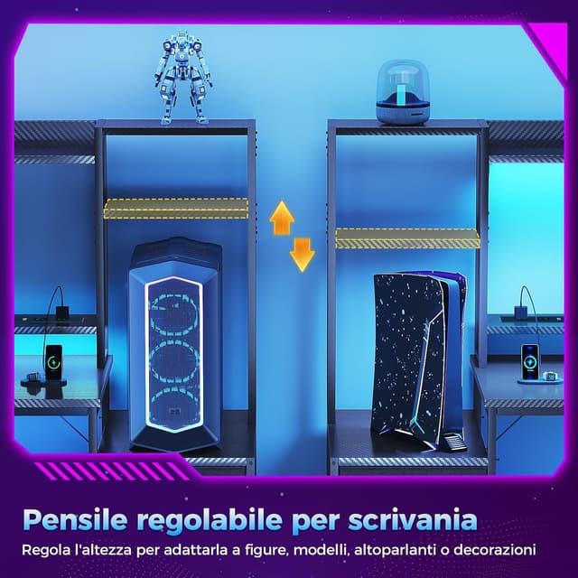 Detalle de Coleshome Scrivania Gaming con libreria e cassetti, 120×48 cm, LED e presa di corrente in fibra di carbonio nero