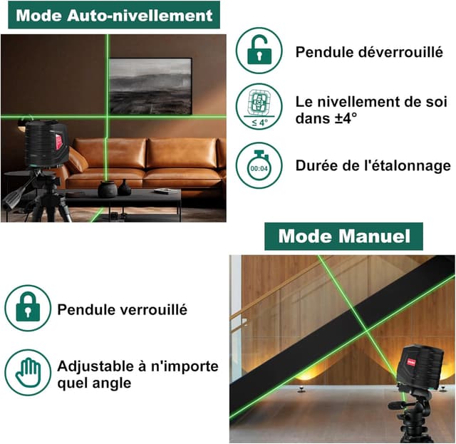 Detalle 2 de Niveau laser vert HYCHIKA – niveau laser autonivelant avec lignes vertes et mode manuel