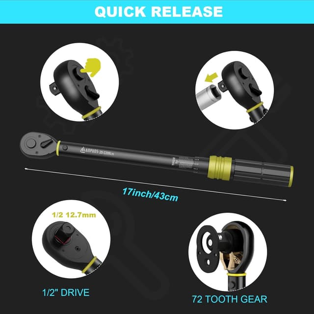 Detalle de ANPUDS Drehmomentschlüssel 1/2 Zoll 20–220 Nm mit Klickfunktion (±3% Genauigkeit, 72-Zahn-Ratsche)