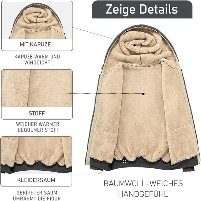 Detalle de MANLUODANNI Damen-Kapuzen-Sweatshirt mit Fleece-Futter und Reißverschluss