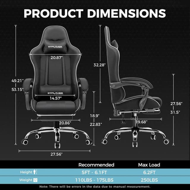Detalle de GTPLAYER Gaming Chair with Footrest, Lumbar Support, Headrest, and Height Adjustment (Black Faux Leather)