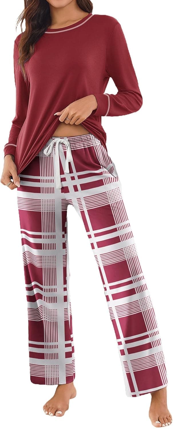 Detalle de Ekouaer Women’s Pyjamas Set – long sleeve top and plaid bottoms with pockets