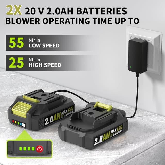 Detalle 2 de Cordless Leaf Blower 20V (with 2 x 2.0Ah batteries) – 3 speed modes, lightweight cordless for patio & garden clearing