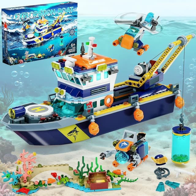 Detalle de JAEUZKJYDA City Floatable Boat Building Set with LED Light (Arctic Ocean Explorer) + Crane, Submarine, Helicopter
