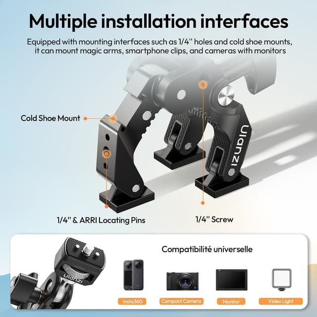 Detalle de ULANZI C078 Super Clamp Kamerahalterung mit Magic Arm, 360° Dual-Kugelkopf und 1/4" Gewinde