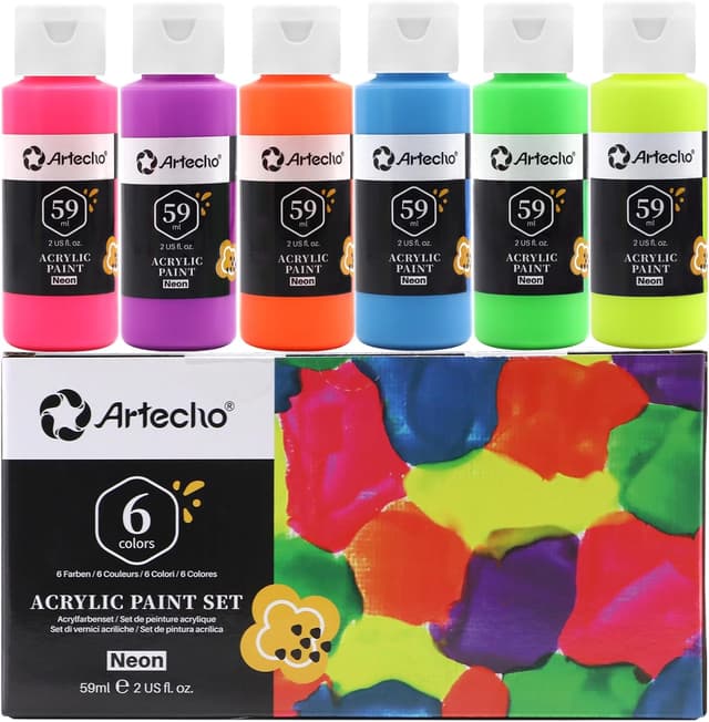 Detalle de Artecho Acrylic Paint Set – 6 Neon Colours (2 oz each) for art, crafts and more