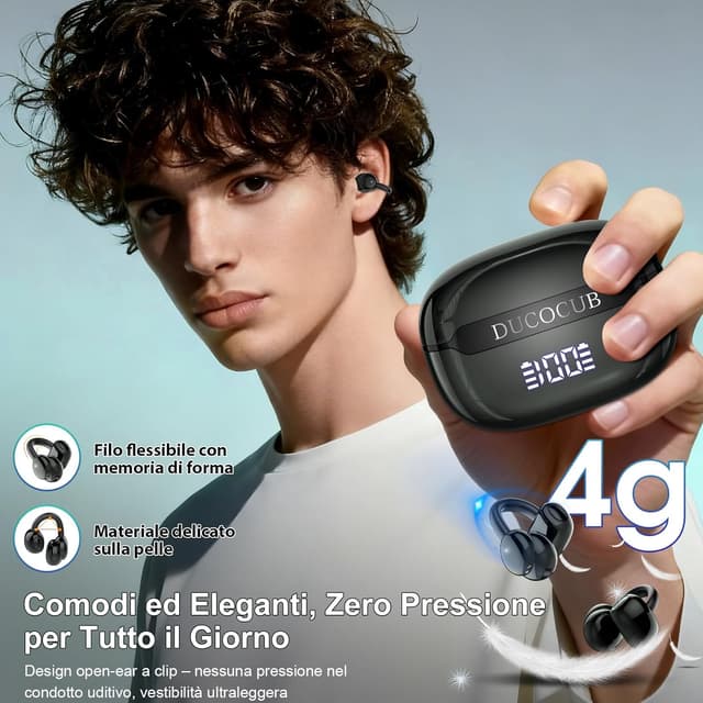 Detalle 2 de Cuffie Bluetooth 5.4 Open Ear con clip e conduzione ossea, fino a 48 ore e IPX7