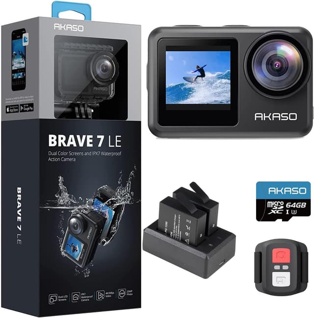 Detalle de AKASO Brave 7 LE Action Cam 4K 30fps, 20 MP, IPX7 bis 40 m – mit Dual-Display, WiFi und 64-GB-Speicherkarte