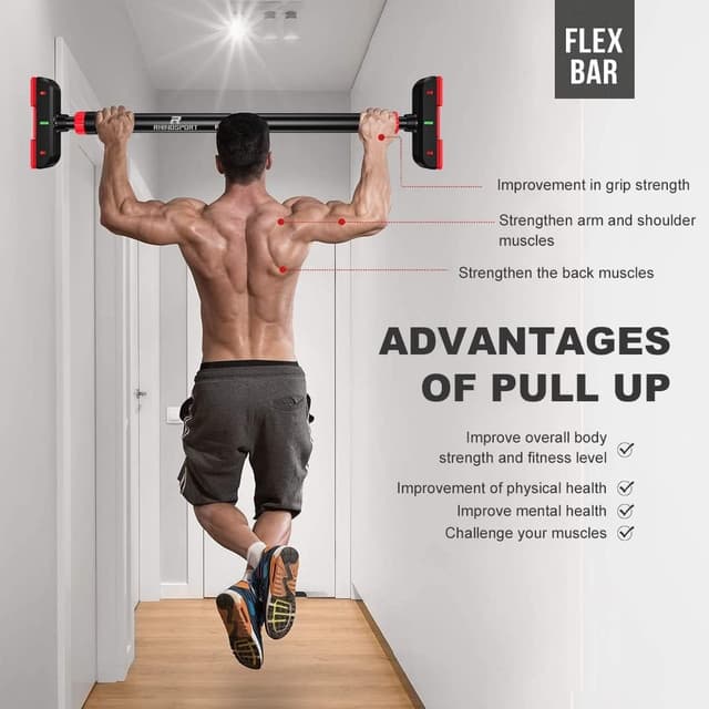 Detalle 2 de RHINOSPORT Klimmzugstange für den Türrahmen (69–92 cm) ohne Schrauben, bis 200 kg, drehbares Zahnradschloss